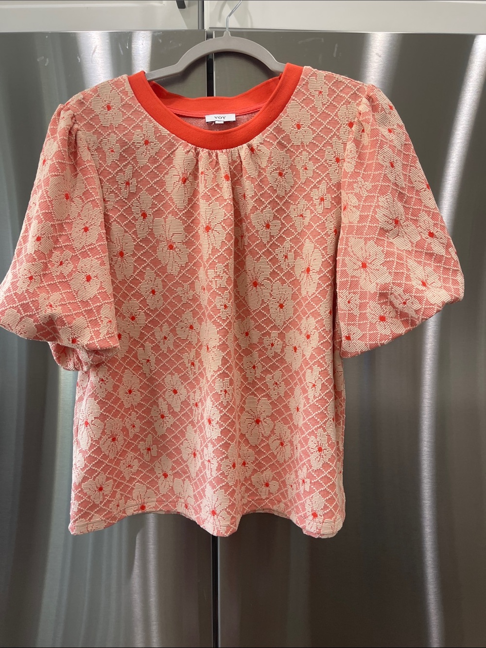 VOY Pale Orange Floral Lace Puff-Sleeve Blouse with Cream Trim